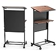 Bonnlo Height Adjustable Portable Podium Stand, Wheeled Lectern with Storage Shelf, Rolling Pulpits with Edge Stopper for Church, Ceremony, Classroom Lecture Speech Teach Platform (Brown & Black)