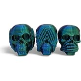 ZZ LIFE Set of 3 Skull Figurines – Hear No Evil, Speak No Evil, See No Evil – 4x3x2.5 Inch Halloween Decor – Gothic Skeleton Display for Shelf, Desk, or Altar – Horror Collectible (Blue/Green/Purple)