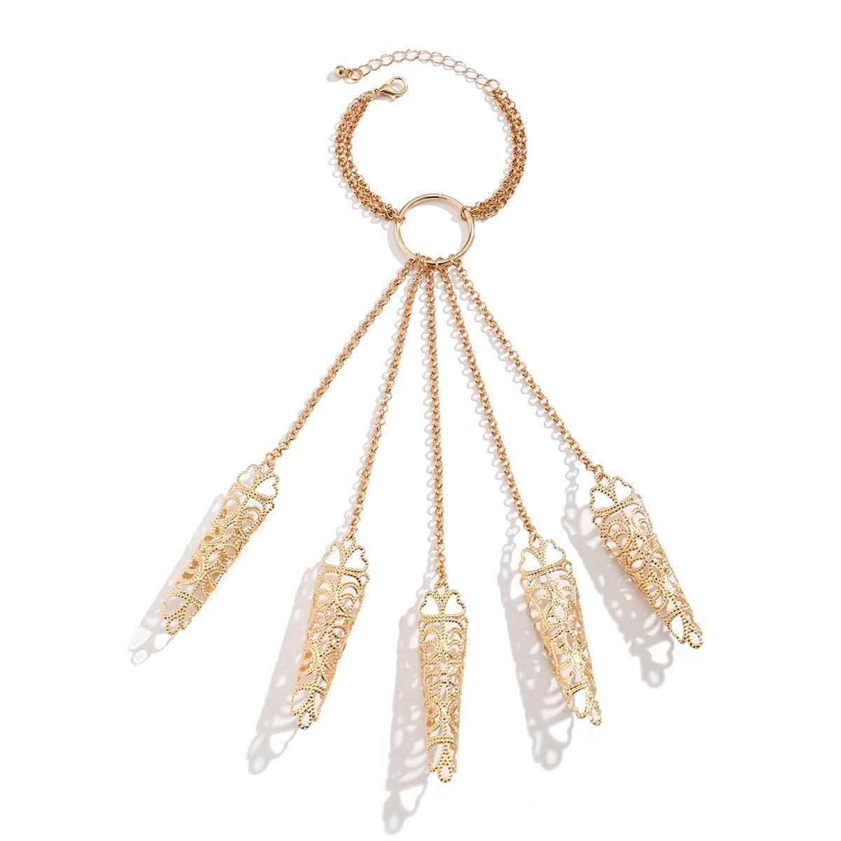 Danshinbow Gothic Vintage Witch Finger Nails Tip Claw Bracelet Hollow Bracelet Claw Chain Ring with Finger Nails for Costume Ball Cosplay (Gold)