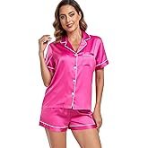 Serenedelicacy Women's Satin Pajama Set 2-Piece Sleepwear Loungewear Button Down Short Sleeve Silky PJ Set