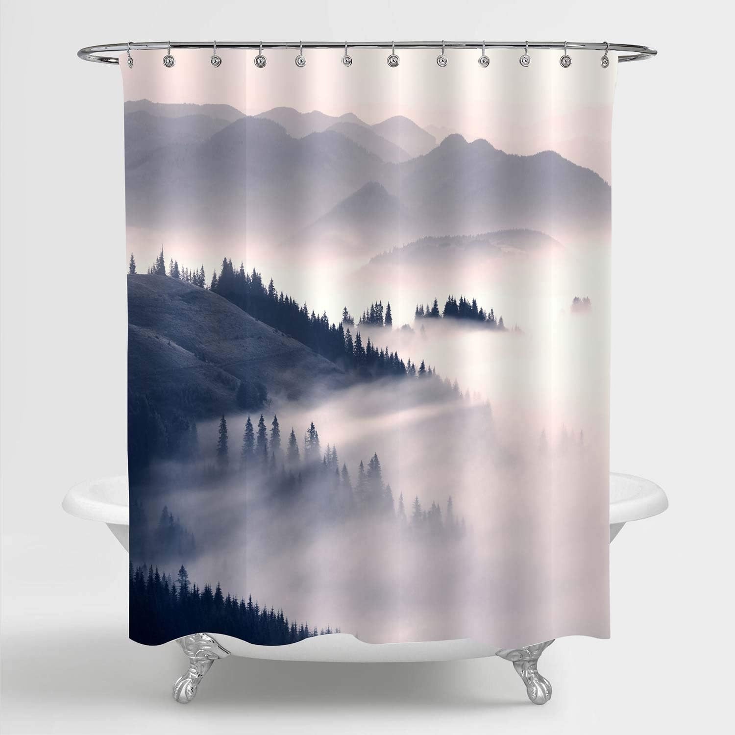 Amazon Com Mitovilla Nature Scenic View Of Foggy Mountain Shower Curtain For Bathroom Decor Dawn Over The Forest After Rain With Mist Sea Art Print Bathroom Accessories Grey Blue 72 W X 72