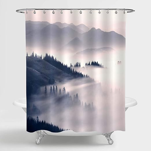 Amazon Com Mitovilla Nature Scenic View Of Foggy Mountain Shower Curtain For Bathroom Decor Dawn Over The Forest After Rain With Mist Sea Art Print Bathroom Accessories Grey Blue 72 W X 78