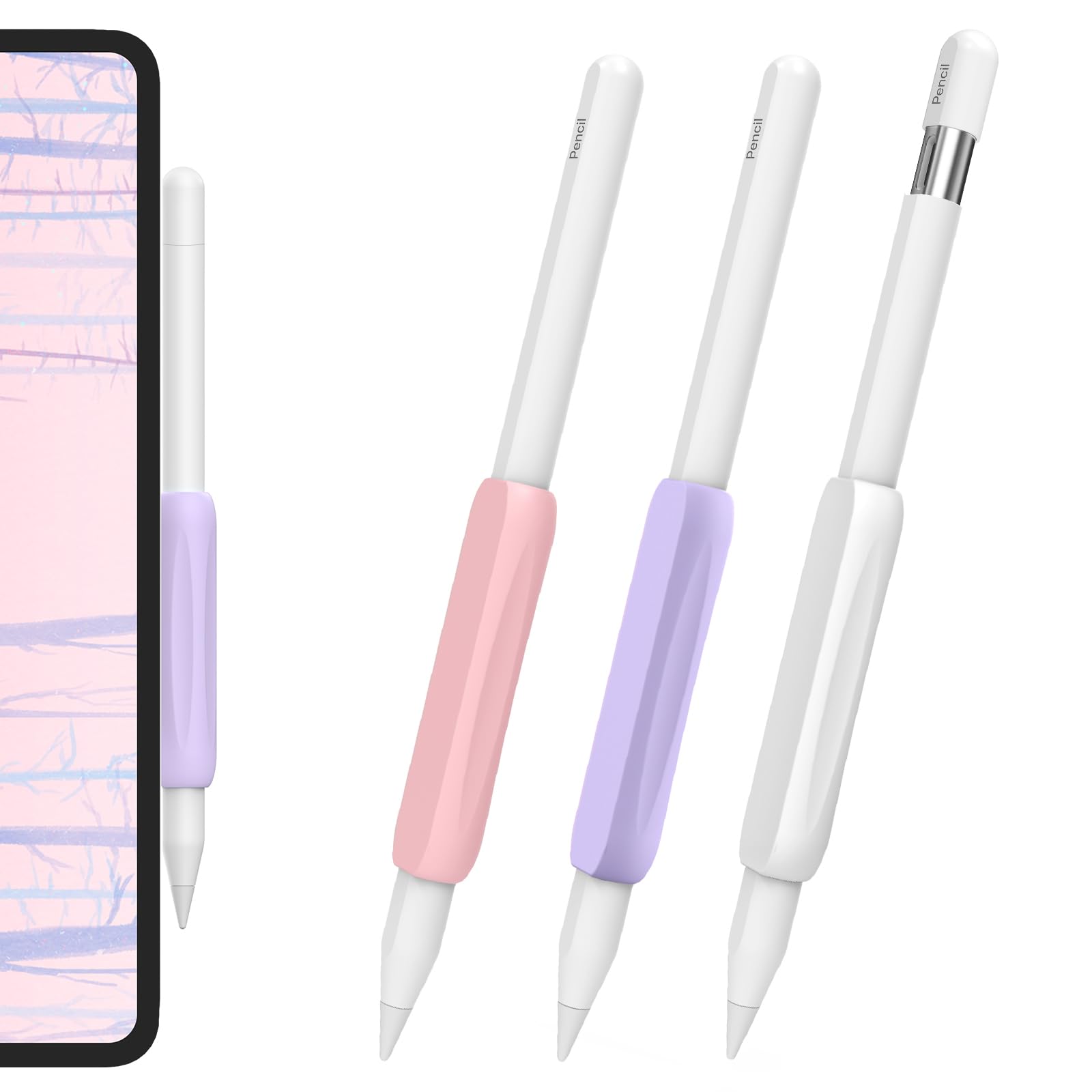 AhaStyle 3 Pack Silicone Grips for Apple Pencil, Apple Pencil Pro and 2nd Generation Holders - Ergonomic Design, Protective Sleeve Compatible with iPad (White, Lavender, Pink)