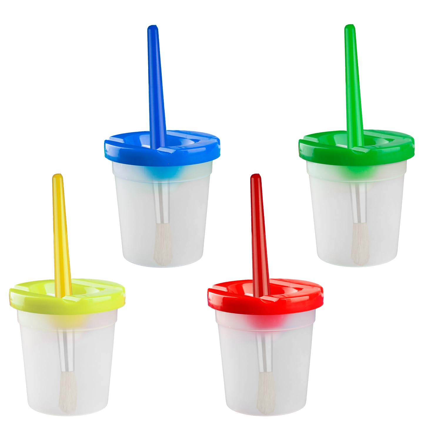 Tabanzhe Paint Cups with Brushes Set–4 Spill Proof Paint Pots with Lids and 4 Brushes,Painting Tools for Watercolor,Acrylic,Oil,Gouache,Art Class,School Supplies