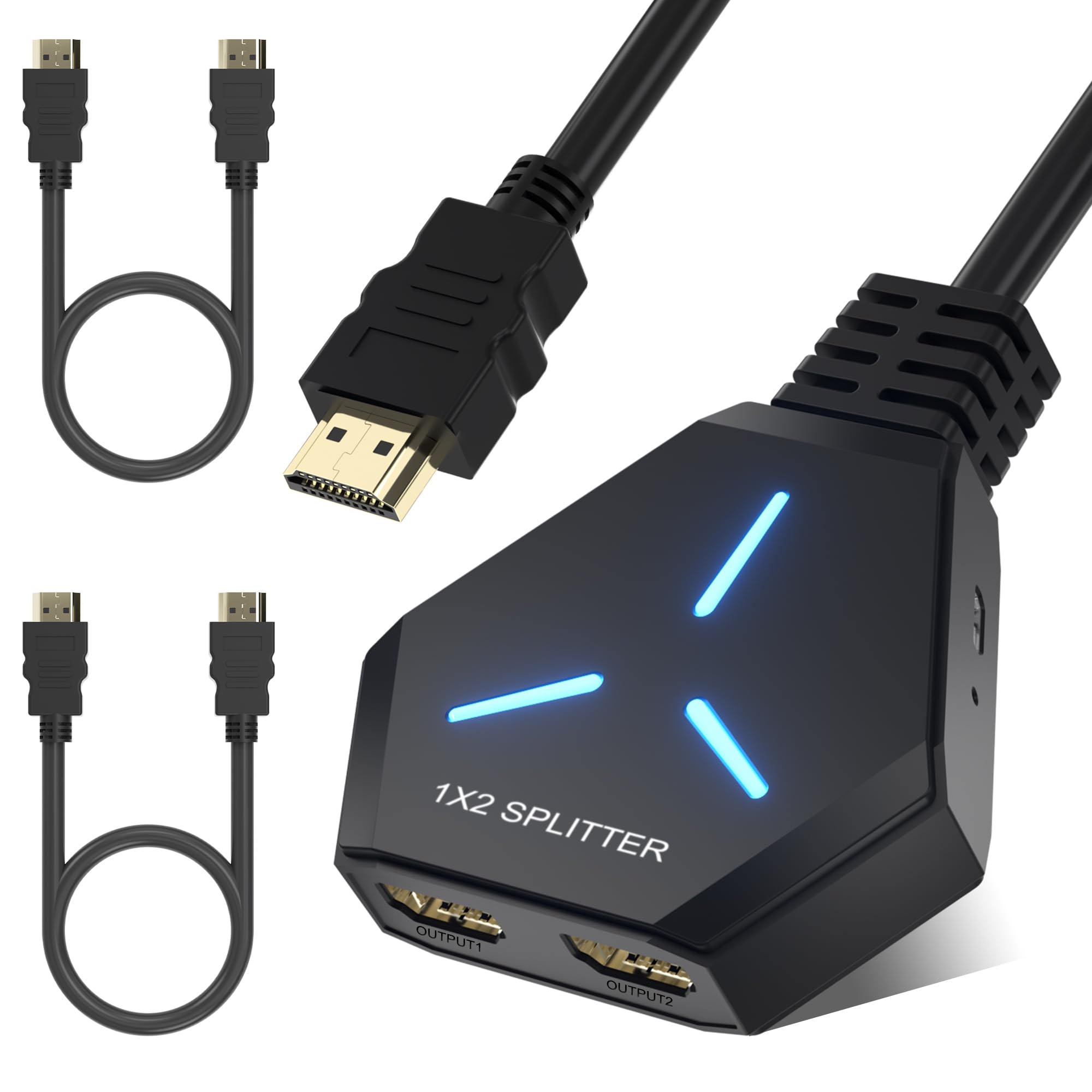 Hxwlo HDMI Splitter 1 in 2 Out, HDMI Splitter for Dual Monitors Supports 4K 3D Full HD 1080P Compatible For/PS4/PS3/Blu-Ray Player/MacBook/HDTV (Includes 2 HD-MI Cable)