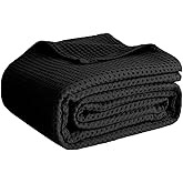 100% Cotton Blankets Throw Size for Bed - Waffle Weave Blankets for Summer, Lightweight and Breathable Soft Woven Blanket for Spring, Black, Throw (50" x 60")