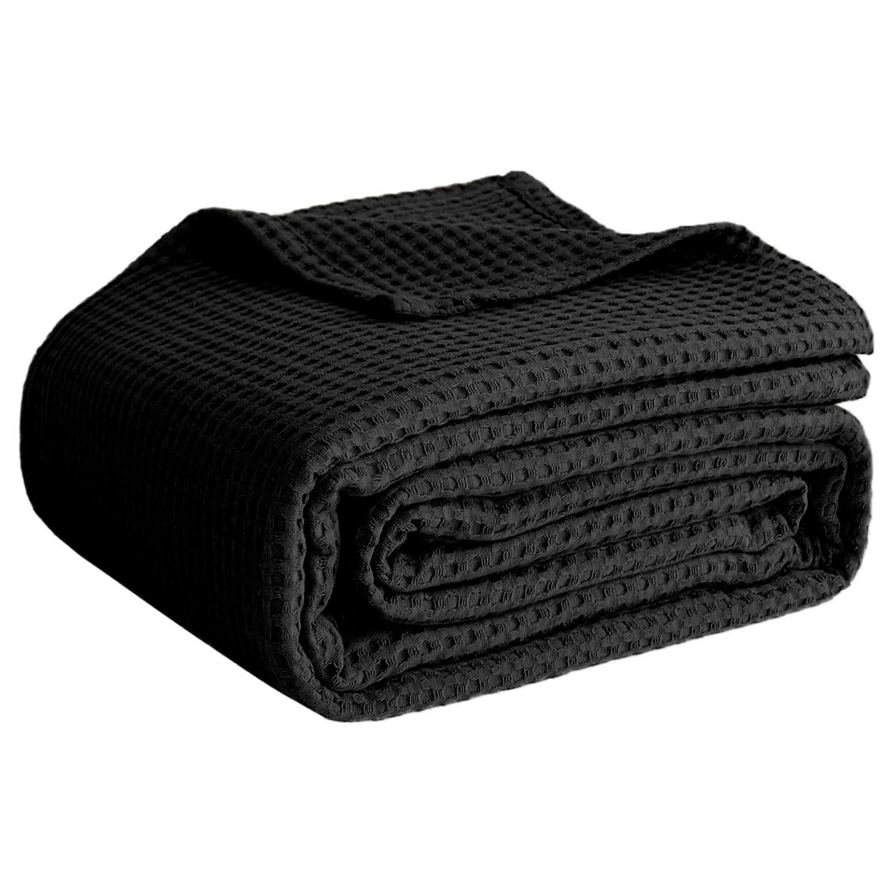 Photo 1 of 100% Cotton Blankets Queen Size for Bed - Waffle Weave Blankets for Summer, Lightweight and Breathable Soft Woven Blanket for Spring, White, 90x90 Inches (Black, Throw (50" x 60"))