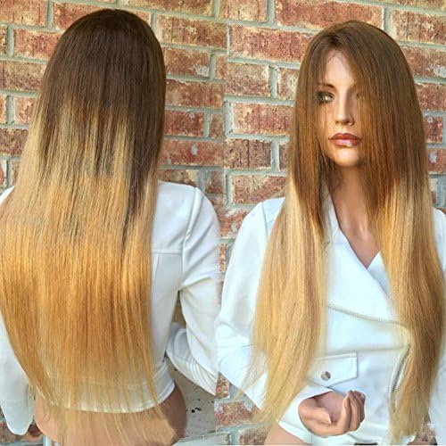 Human Hair Lace Front Wigs with Baby Hair Straight Wavy Ombre Blond Color Two Tone Brazilian Hair for Black Women BLeached Knots (18", full lace wig)