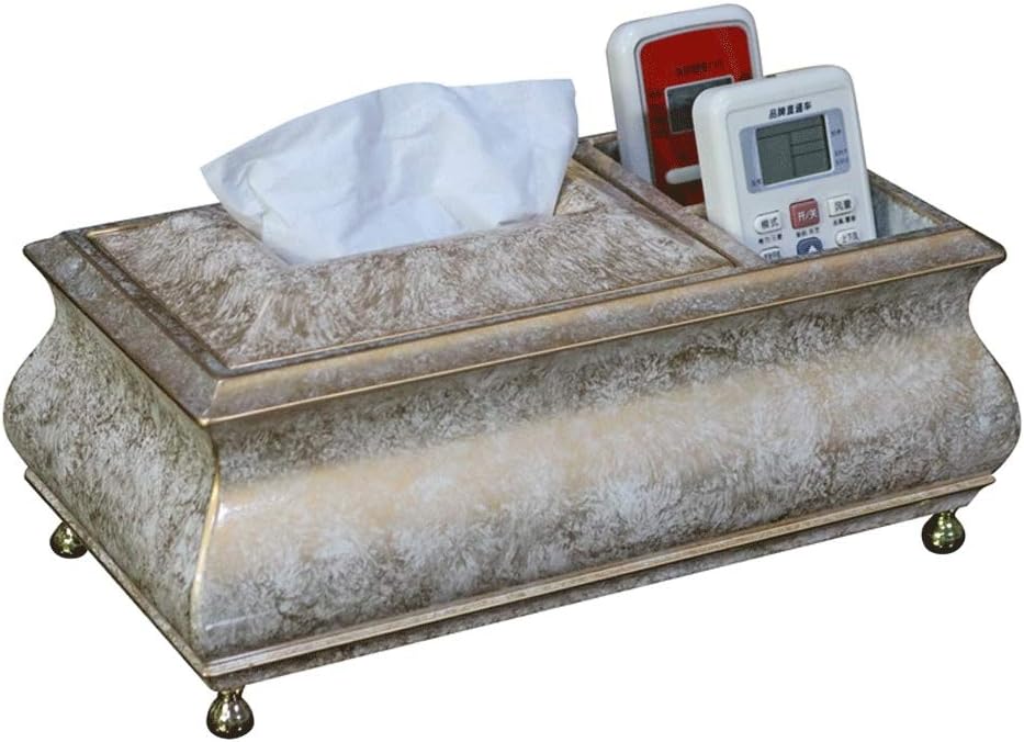 Slivy Gold Wood Tissue Box Cover European Luxurious Tissue Holder with Storage Case Handmade Rectangle Tabletop Facial Tissue Dispenser Napkin Holder with Copper Round Feet