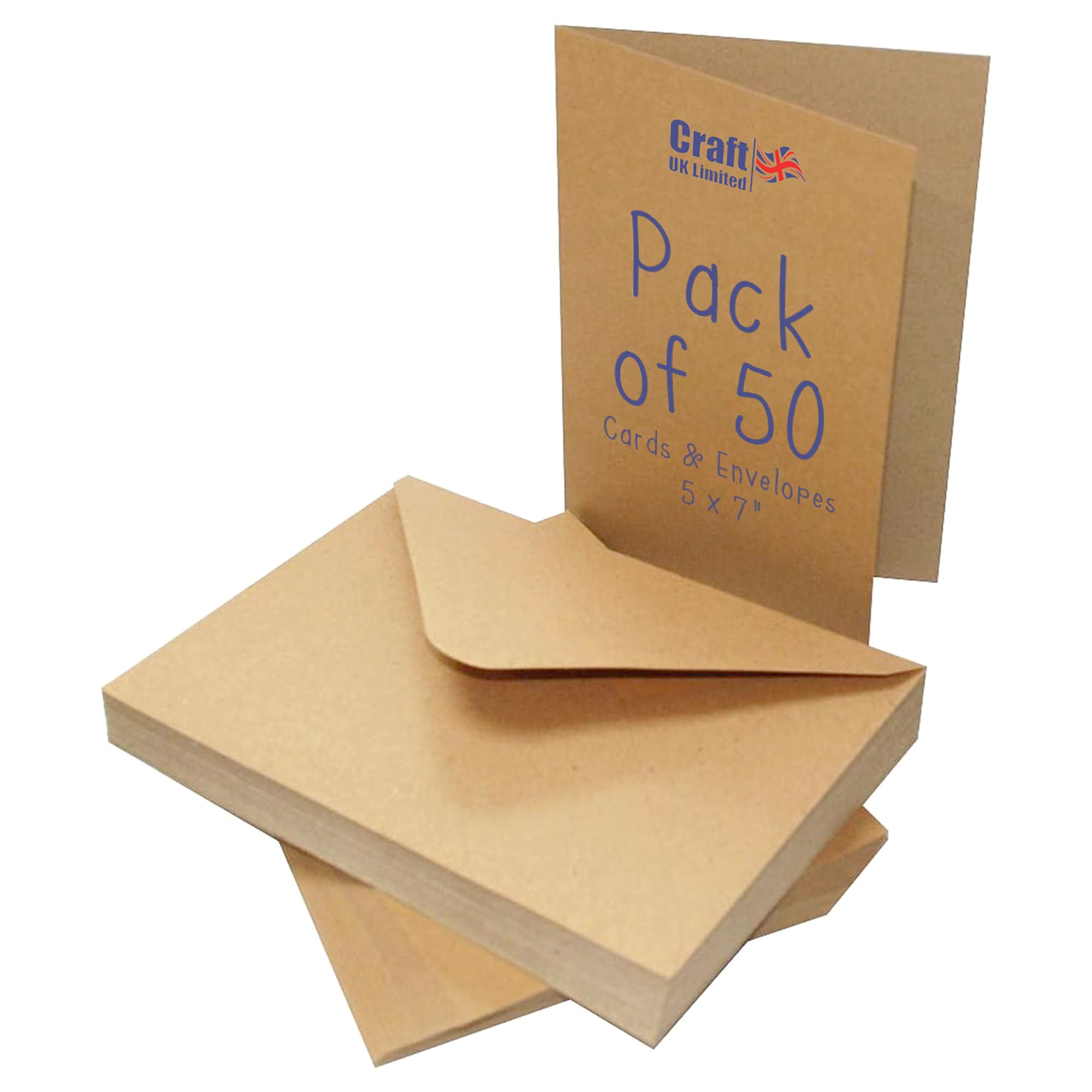 Craft UK, 50 Blank Cards and Envelopes for Card Making, Made in the UK, Lasting Quality, Brown Kraft, 5 x 7-Inch
