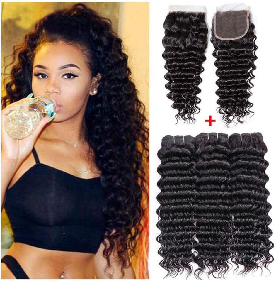 Deep Wave Hair Bundles With Closure 9A Sunyu Hair Peruvian Deep Wave Human Hair 3 Bundles With 4X4 Free Part Lace Closure Natural Color (20 22 24and 20closure)
