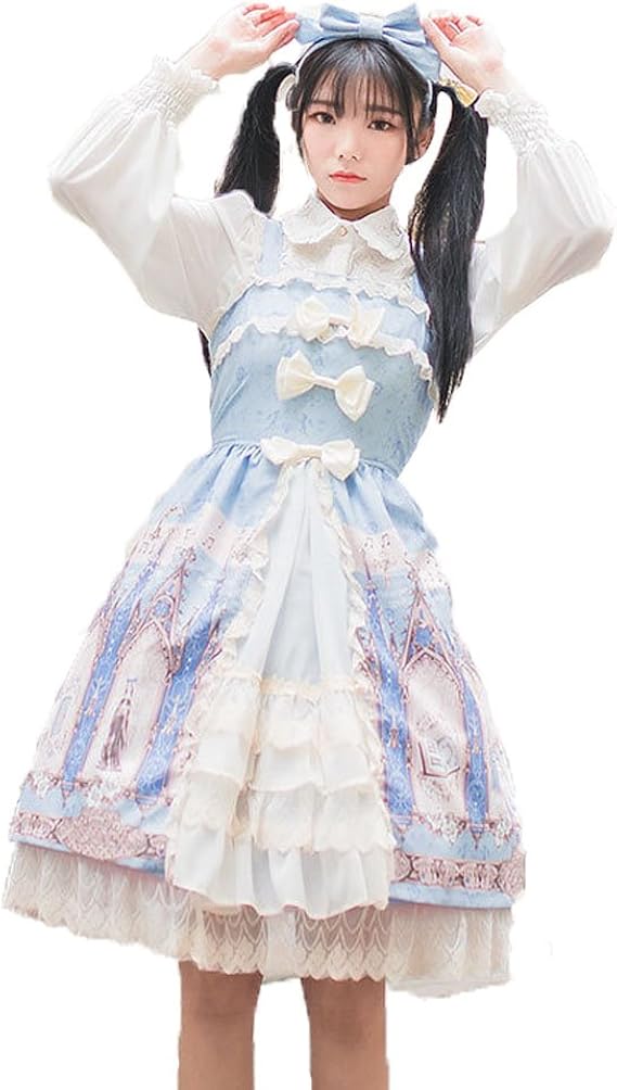 Amazon Co Jp Cai Hong レディース レース 洋服 童話柄 ゴスロリ 正統 リボン 原宿系 ロリータ ファション ロリータ風 姫系 スカート つりスカート M ブルー 服 ファッション小物