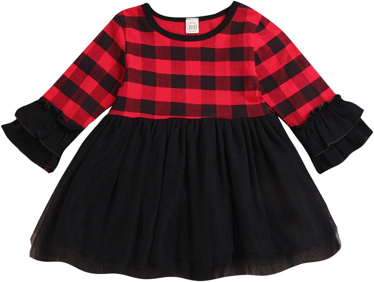 Christmas Toddler Baby Girls Dress Long Sleeve Red Plaid