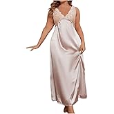 WDIRARA Women's Plus Size Satin Nightgown Double V Neck Lace Backless Long Lingerie Nightdress