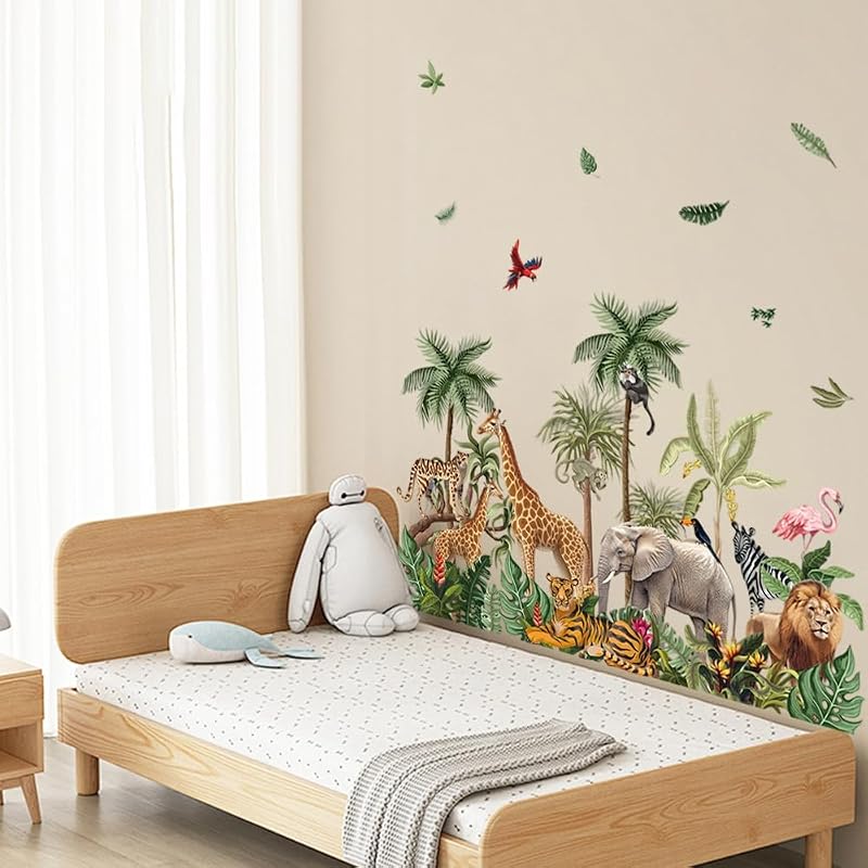 Wandtattoo Tiere des Regenwalds Wandsticker Dschungel Giraffe Elefant Löwe Tiger Blätter Wandbilder Groß Wandaufkleber Wanddeko Kinderzimmer Babyzimmer Schlafzimmer Aufkleber