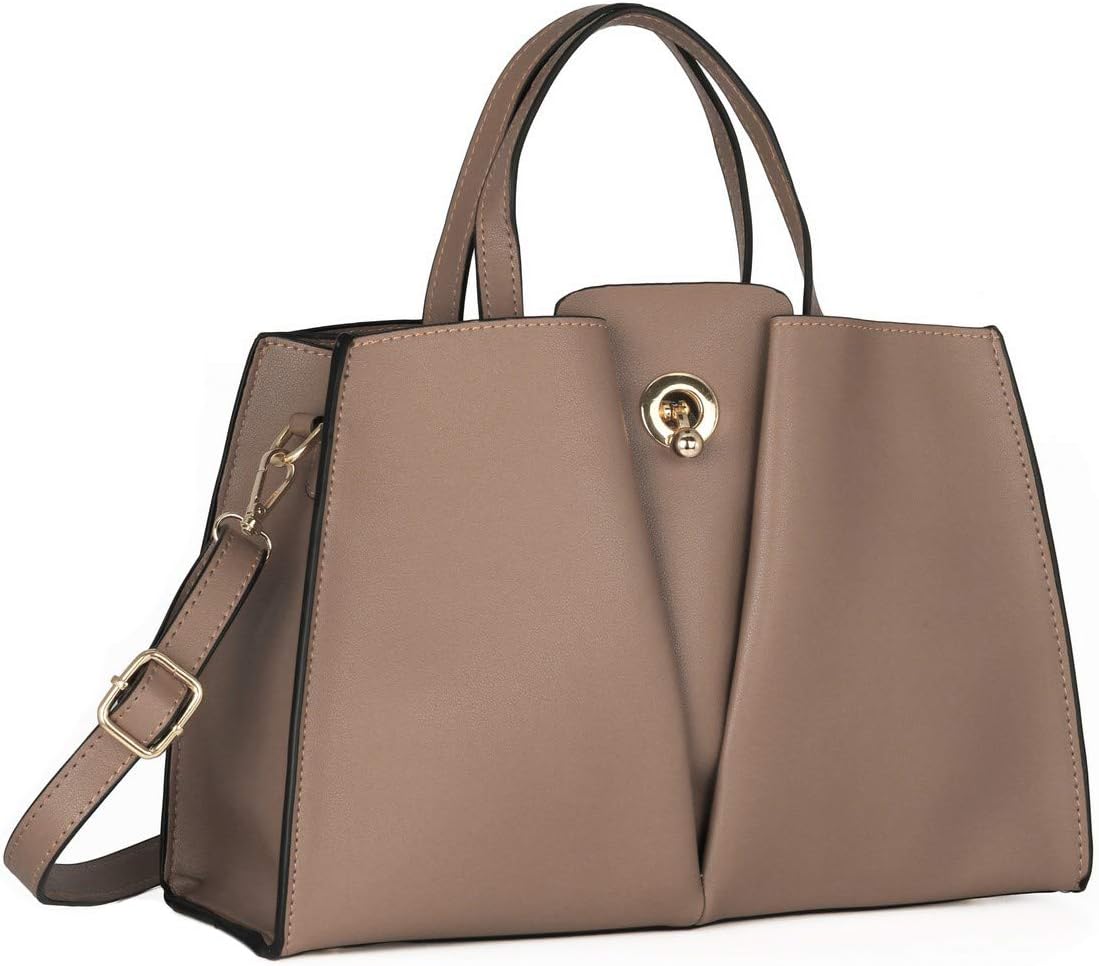 Women's Top Handle Handbag - Tote Shopper PU Leather - Shoulder Crossbody Bag - Multiple Pockets Compartments - Elegant V Form Satchel - Fashion City Messenger Bag - Taupe Beige