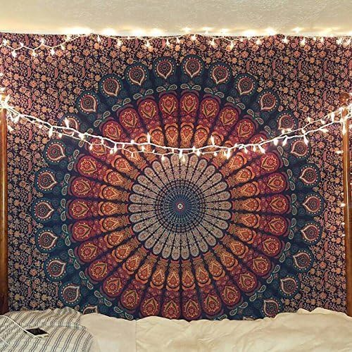 Tapestries - Bless International Handmade Indian hippie Bohemian Psychedelic Peacock Mandala Wall hanging College Dorm Beach Throws Table Cloth Bedding Tapestry (Golden Blue, Twin(54x72Inches)(140x185cms))