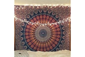 Bless International Handmade Indian hippie Bohemian Psychedelic Peacock Mandala Wall hanging College Dorm Beach Throws Table Cloth Bedding Tapestry (Golden Blue, Twin(54x72Inches)(140x185cms))