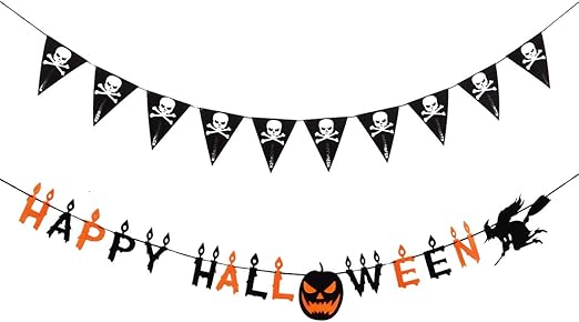 Amazon Com 2 Pcs Cute Halloween Decorations Black Skull Flags