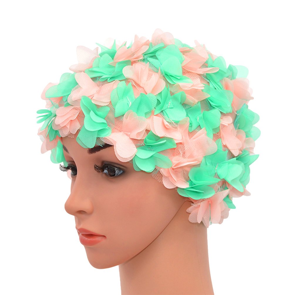 Medifier Lace Vintage Swim cap Floral Petal Retro Style Bathing Caps for Women Pink and Green