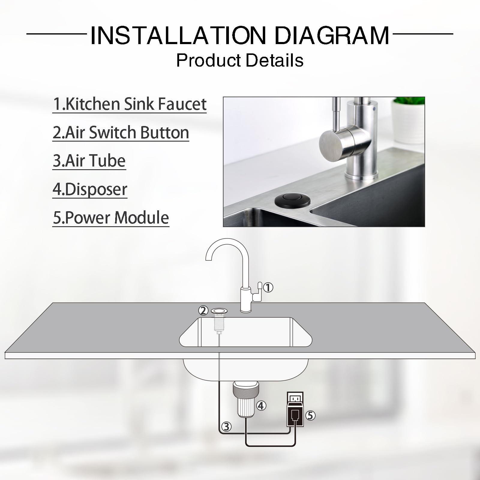 SINKINGDOM Garbage Disposal Air Switch Kit with Long Button, Matte Black (Brass Cover)
