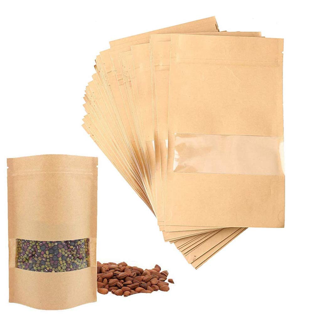 CYH 50Pcs Self-Sealing Kraft Paper Bags - Reusable Food Storage Pouches with Transparent Window - Stand Up Pouch - for Food Tea Coffee Beans Nuts Seeds Dried Fruits (9x14cm)