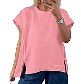 Tankaneo Womens Oversized Short Cap Sleeve T-Shirts Crew Neck Side Slit Tops Summer Casual Loose Fit Tees Tunic Shirts