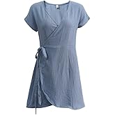 Amazhiyu Women's Cotton Gauze Short Sleeve V Neck Wrap Casual Mini Dress Summer