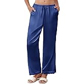 Ekouaer Womens Silk Satin Pajama Pants Casual Comfy Sleep Pants Pocketed Elastic Waist Wide Leg Pj Bottoms with Lace Trim