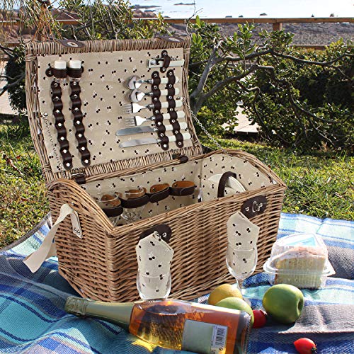 HappyPicnic Willow Picnic Basket Set for 4 Persons, Natural Wicker