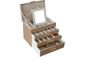 BOOVO 4 Layer Jewelry Box for Women, Jewelry Organizer Box with Necklace Hooks, 3 Drawers Jewelry Box for Sunglasses, Necklace and Bracelet Storage (Gold, 4 Layer)