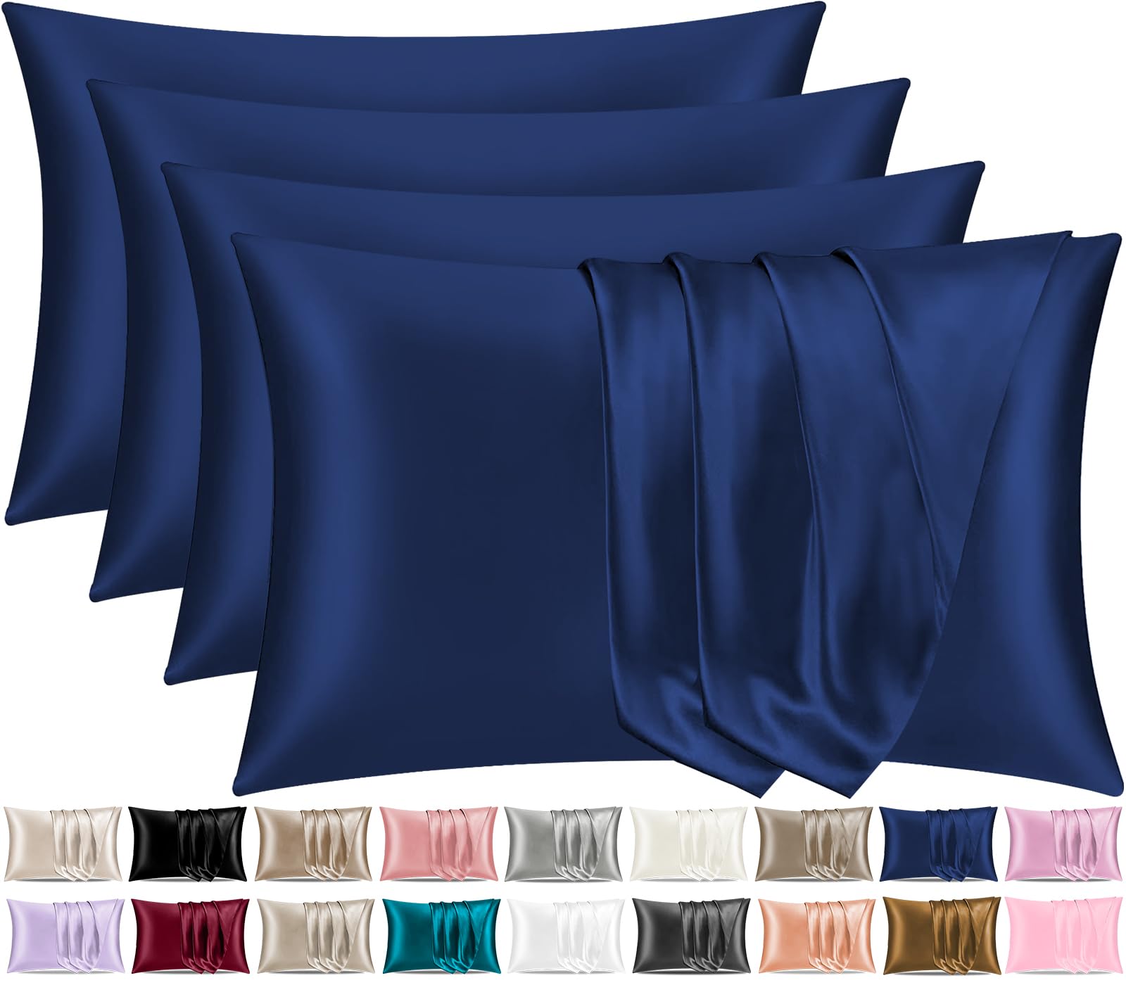 Pamposh Satin Silk Pillowcases For Hair And Skin 4 Pack Standard Size with Envelope Closure (4 Pcs Pillowcases (50 x 75 cm), Navy)