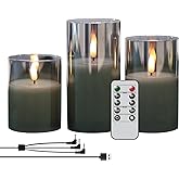 GenSwin Rechargeable LED Flameless Flickering Glass Candles with Remote Timer, Battery Operated Pillar Candles Long Lasting Grey Real Wax USB (D 3”×H 4”5”6”)