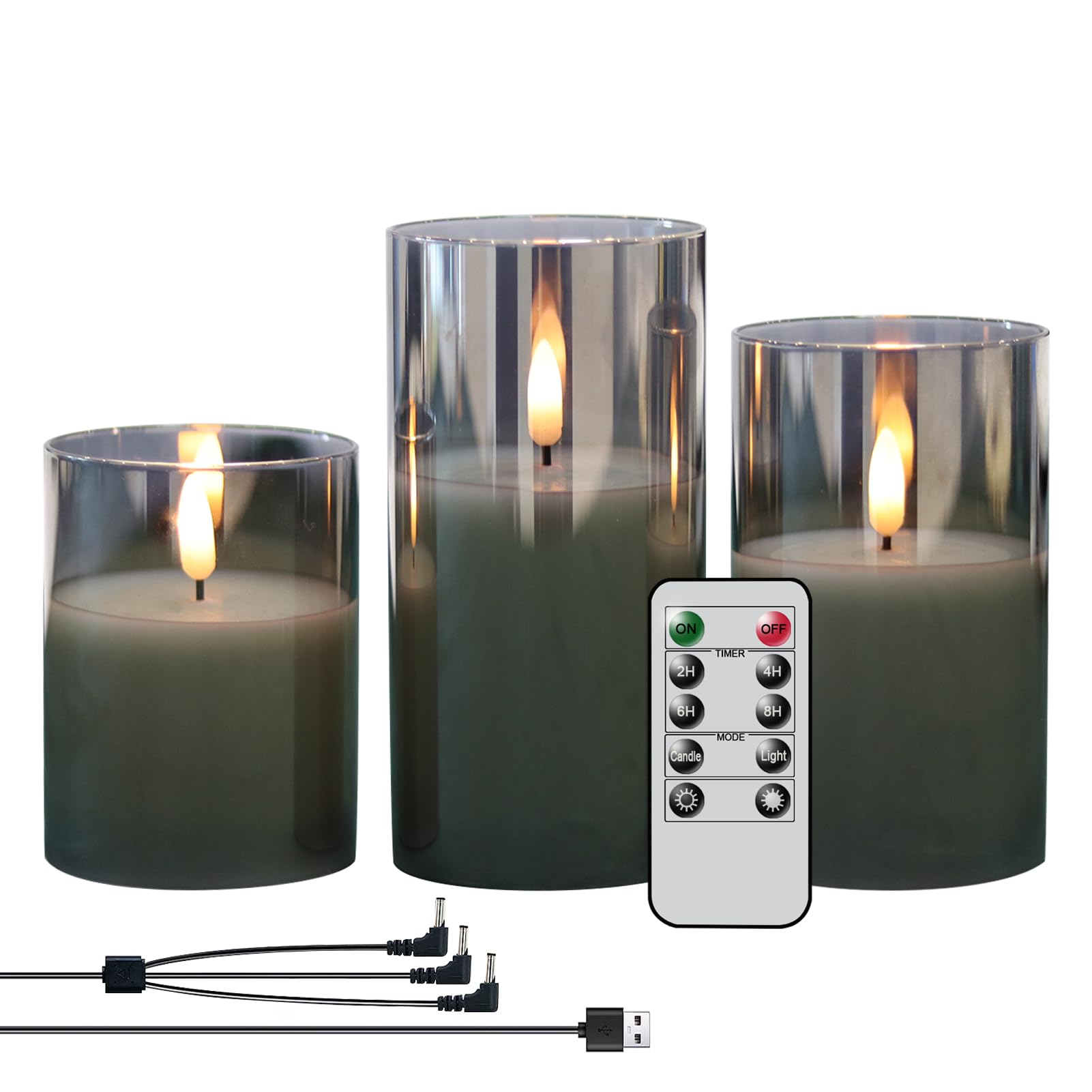Photo 1 of GenSwin Rechargeable LED Flameless Flickering Glass Candles with Remote Timer, Battery Operated Pillar Candles Long Lasting Grey Real Wax USB (D 3”×H 4”5”6”)