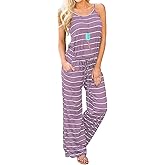 Artfish Women Casual Sleeveless Spaghetti Strap Striped Lounge Pajama Jumpsuit