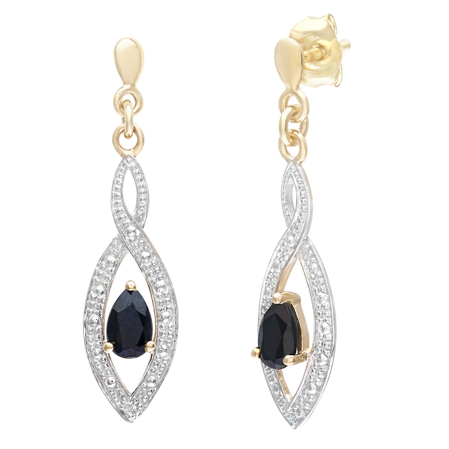 9ct Yellow Gold Earrings – Diamond Sapphire Twist Drop Women’s Earrings - by Elegano