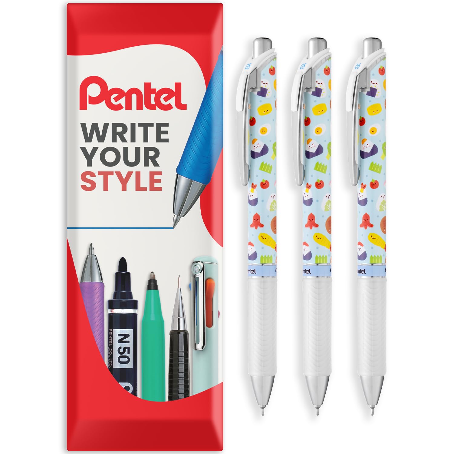 Pentel Energel BLN75 Retractable Gel Ink Rollerball Pen - 0.5mm - 54% Recycled - Black Ink - In Envelope Gift Packaging (3 Pack, Bento)