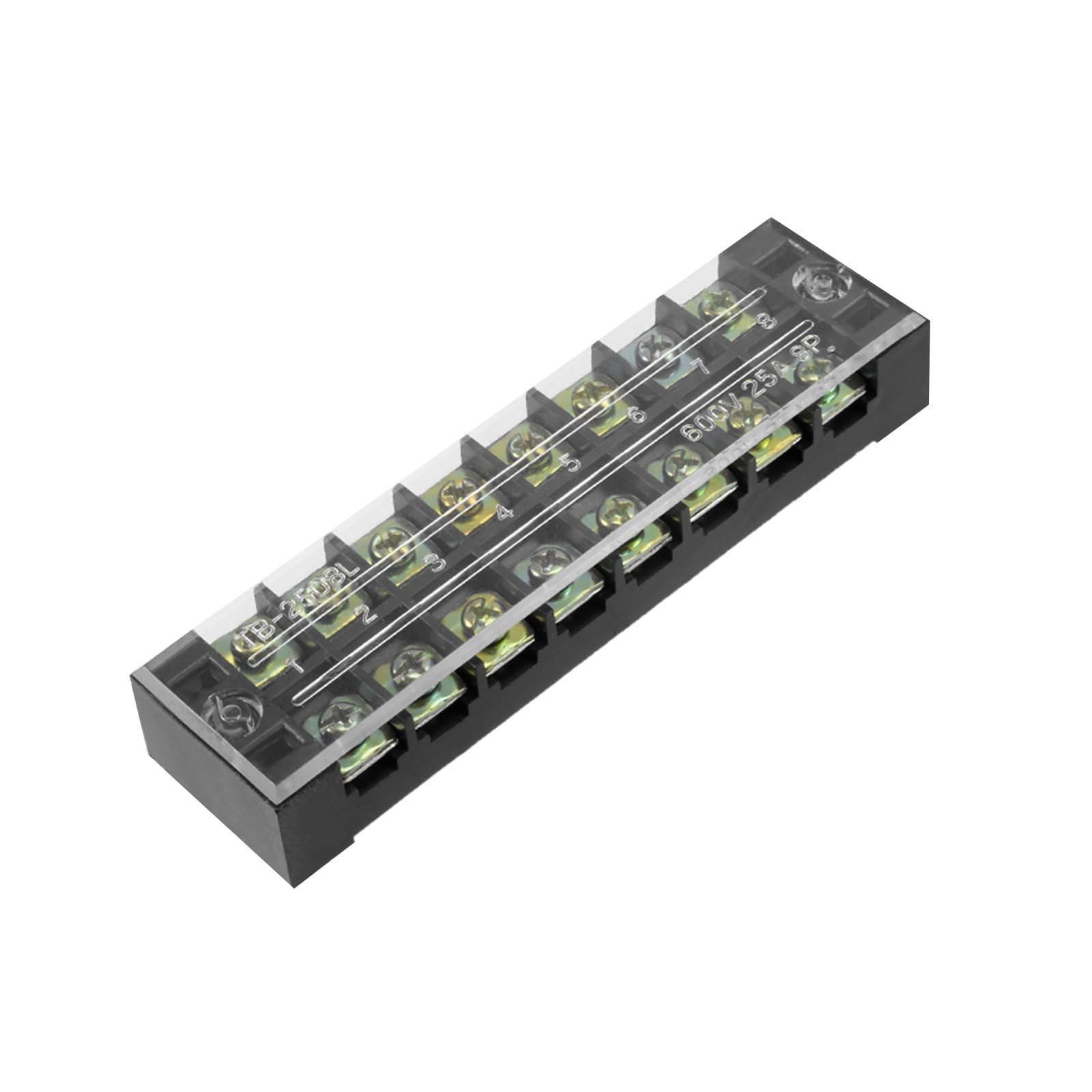 Rebower 8 Positions Dual Rows 600V 25A Terminal Strip Blocks Barrier Screws (with Cover), [for Wires Connecting, Electronic Circuits] - 1 Pack/Black/TB-2508L