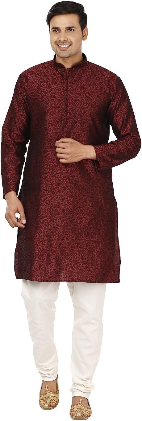Traditional Mens Kurta Pajama Set Maroon Desinger Party Wear Indian Clothes