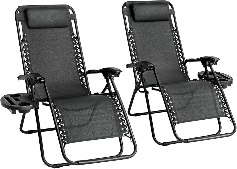 Aspect Zero Gravity Chairs Set of 2 Sun Loungers Folding with Cup Holder Black