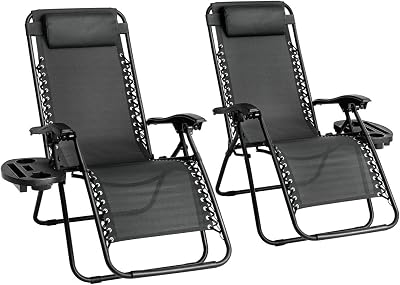 Aspect Zero Gravity Chairs Set of 2 Sun Loungers Folding with Cup Holder Black