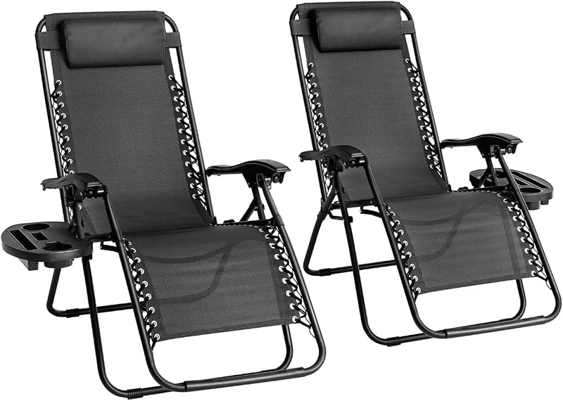 Aspect Zero Gravity Chairs Set of 2 Sun Loungers Folding with Cup Holder Black