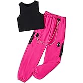 Hilinker Girl's Summer 2 Piece Outfits Sleeveless Crop Tank Top and Cargo Pants Set