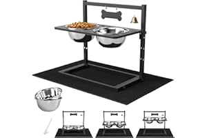 SHAINFUN Elevated Dog Bowls with Mat, Adjustable Height 4.3''-11.8'', Metal Stand, Two 1.7L Stainless Steel Food & Water Bowls for Large, Medium Dogs