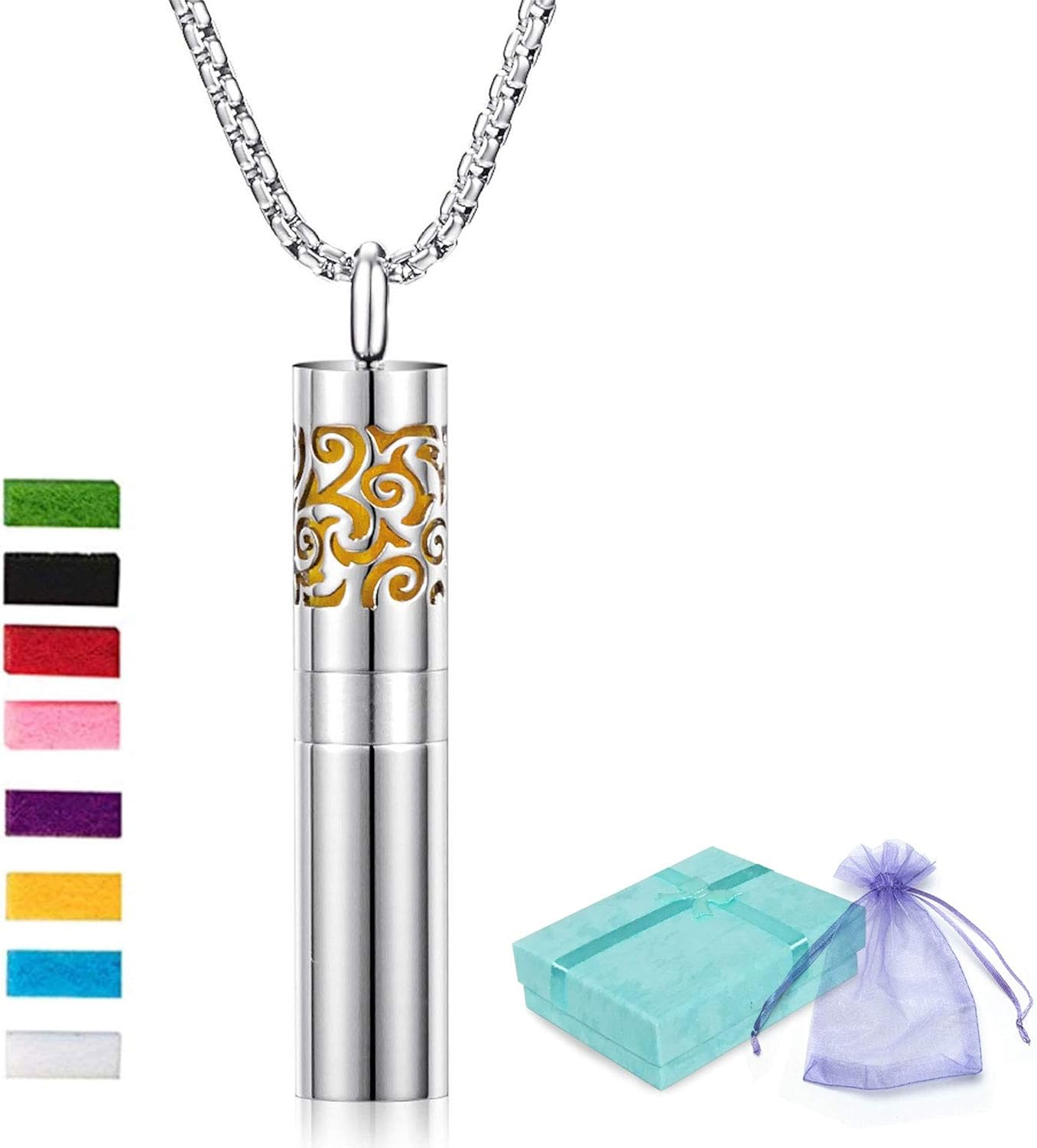 Ätherisches Öl Diffusor Halskette Aus Edelstahl – Lebensbaum-Design, Mit Baumwoll-Pad, Verstellbar, Geschenkbox Inklusive
