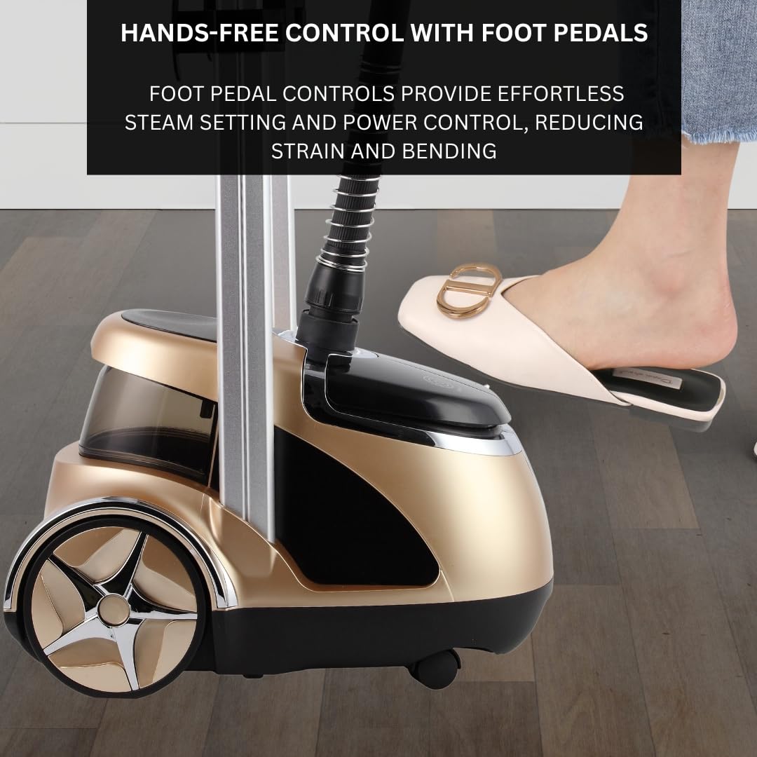 SALAV Professional Standing Garment Steamer with Retractable Power Cord, Foot Pedal Control, Wheels for Easier Movement (Gold)