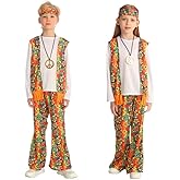 Dressy Daisy 70s Retro Hippie Costume for Age 5-10 Years Kids Peace Necklace Disco Dress Up Halloween Carnival School Play