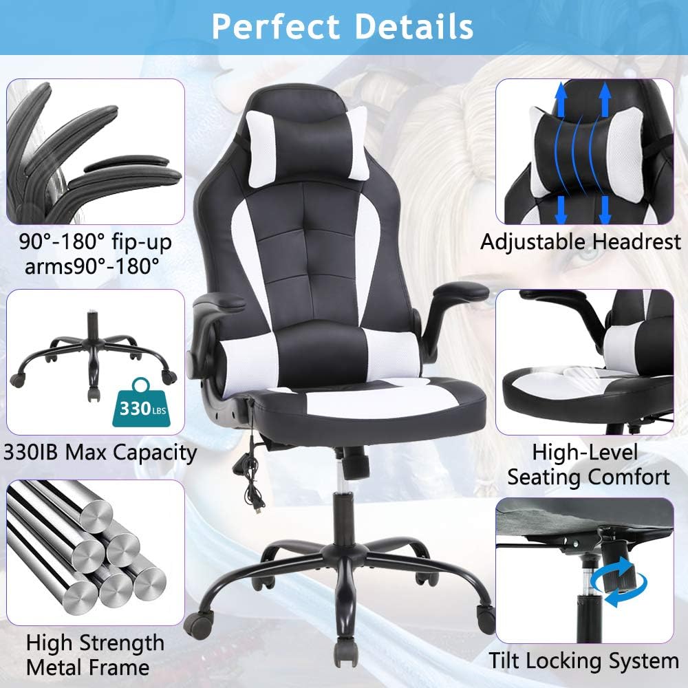 Black White Gaming Chair Massage Office Chair Racing Computer Chair With Lumbar Support Headrest Armrest Task Rolling Swivel Ergonomic Pu Leather High Back Adjustable Desk Chair For Adults Gamer Home Office Furniture Computer