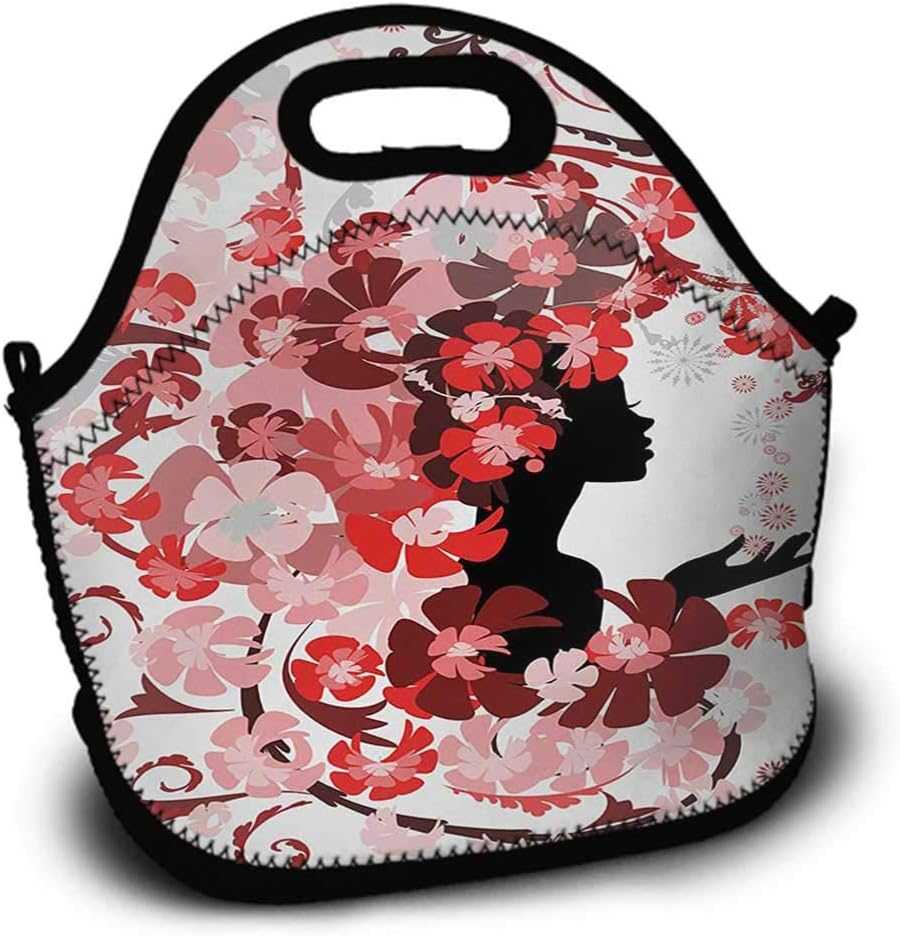 Girls, Picnic Bag, Sundries Bag, Shopping Bag, Lunch Bag, Pattern Printing, Flower Girl with Hair Long Swirling Pink Blossoms Hair Dressers Beauty Feminine, 5.5x11x11 inch, Red Pink Black