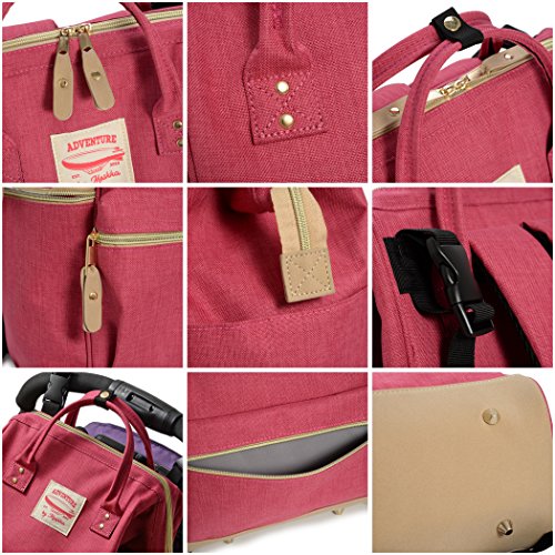 Wide Open Designer Baby Diaper Backpack By Moskka–Travel Bag, Nappy Tote Bag w/ Stroller Straps, Changing Pad & Insulated Pocket For Girl – Pink